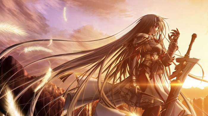 Sione in armor with a sword and feathers