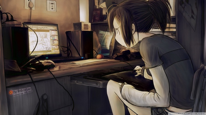 Anime girl drawing on a computer