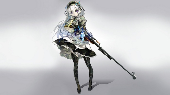 anime girls, Chaika Trabant, weapon, simple background, maid, sniper rifle, long hair, purple eyes, white hair, hair ornament, gun, Hitsugi no Chaika, anime