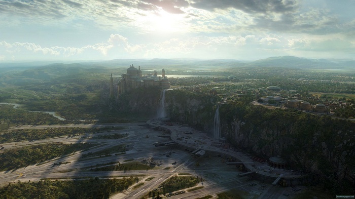 Naboo cityscape with waterfalls and mountains