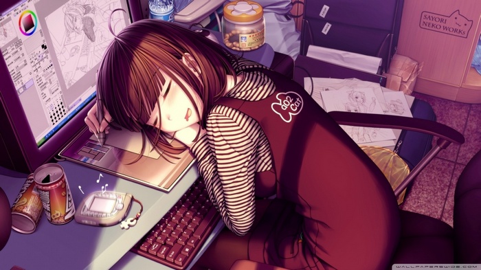 Anime girl sleeping at computer with Sayori Neko Works box