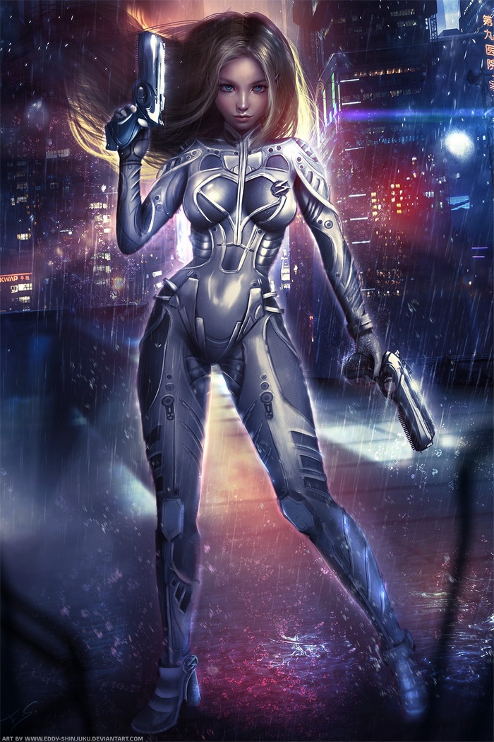 Anime woman in futuristic suit holding pistols in city