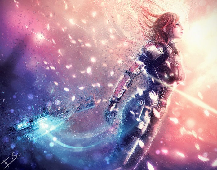 Commander Shepard from Mass Effect dissolving into particles