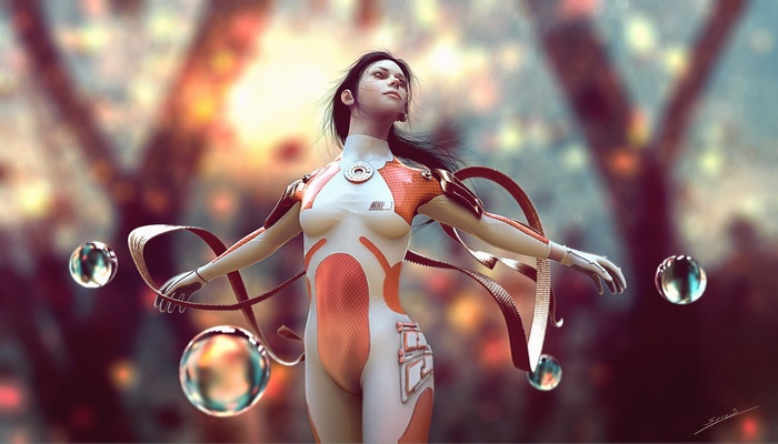CGI render of a woman in a futuristic bodysuit