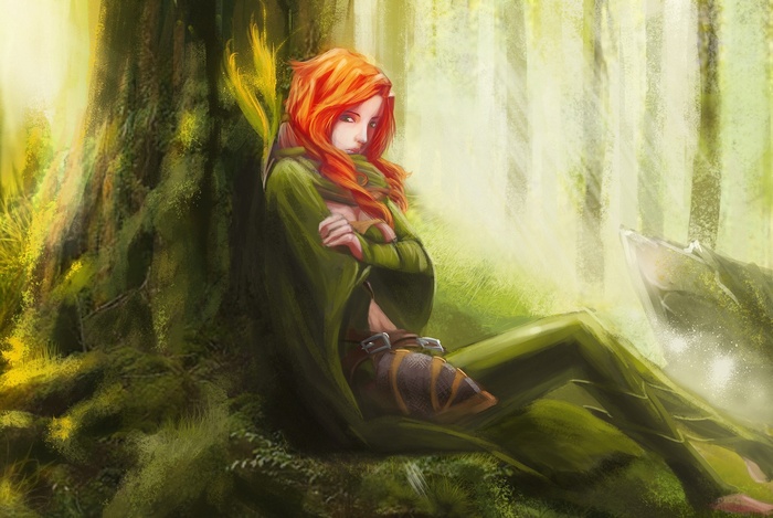 Windranger from Dota 2 resting by a tree