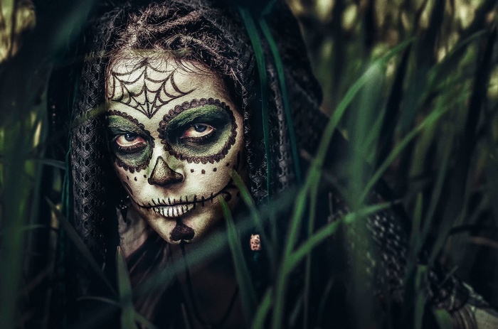 portrait, body paint, makeup, jungle, Sugar Skull, face, model, fantasy girl, women, Dia de los Muertos