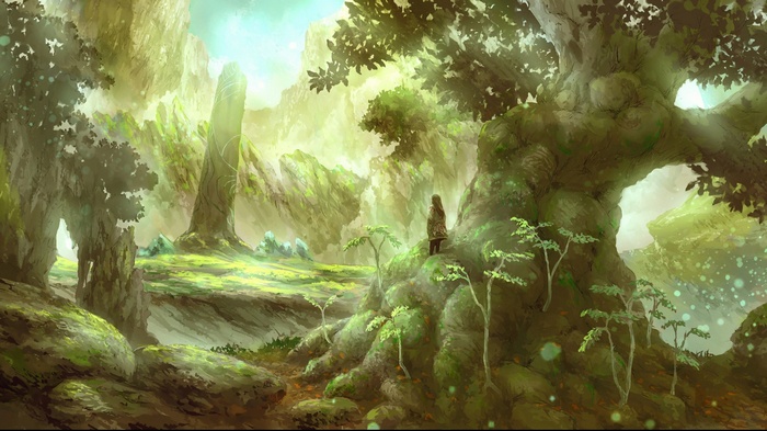 Fantasy girl in a mystical forest with ancient stones