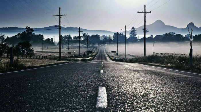 Road through a misty landscape with power lines