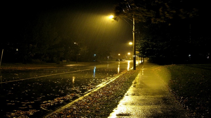 Nighttime street in the rain with streetlights