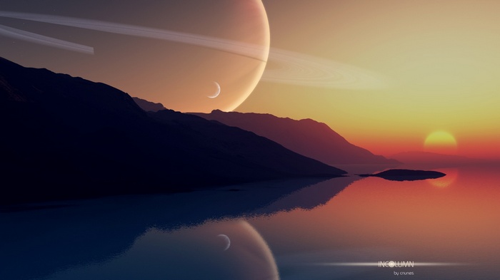 Alien planet landscape with rings and moons at sunset