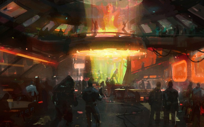 Mass Effect scene with figures in a brightly lit chamber
