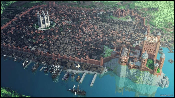 Minecraft WesterosCraft Cityscape with Castles and Harbor