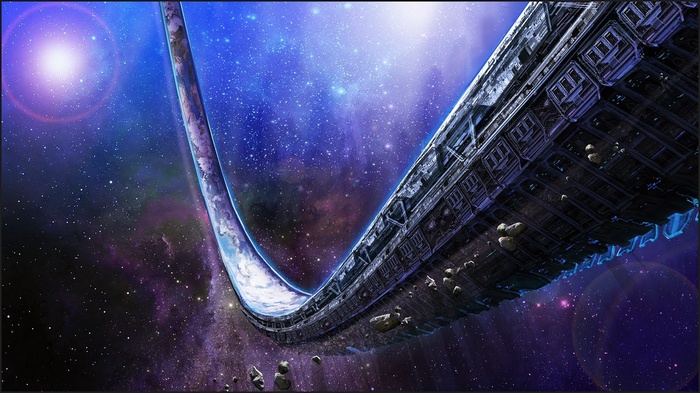 Halo Ring in Space with Asteroids and Lens Flare