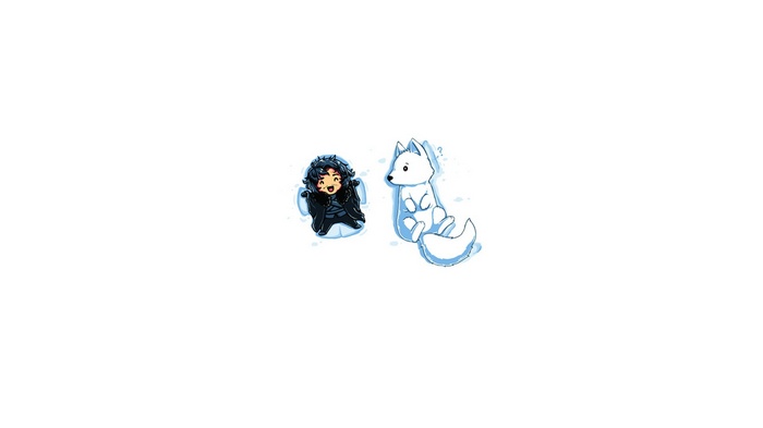 Chibi Jon Snow and a white wolf in the snow