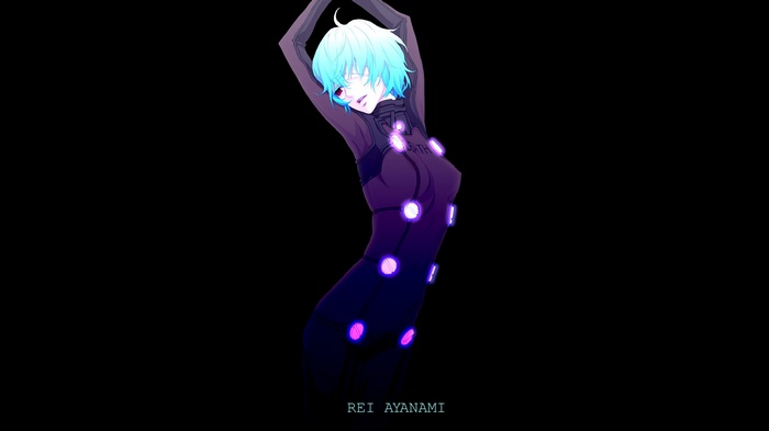 Rei Ayanami in a dark suit with glowing purple accents