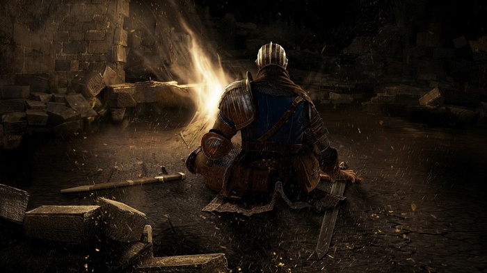 Dark Souls Knight Sitting by a Bonfire