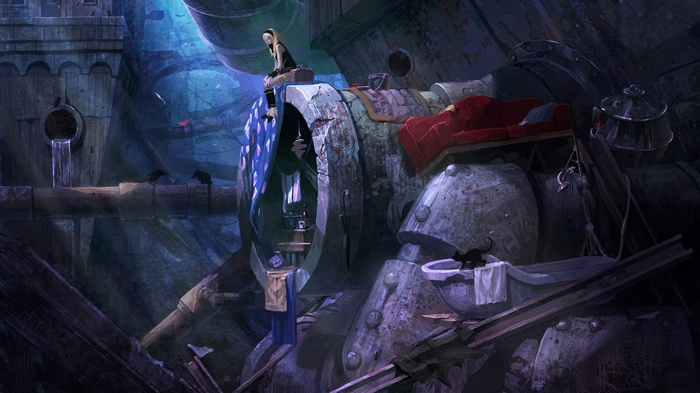 Gravity Rush: Kat sits on a giant machine