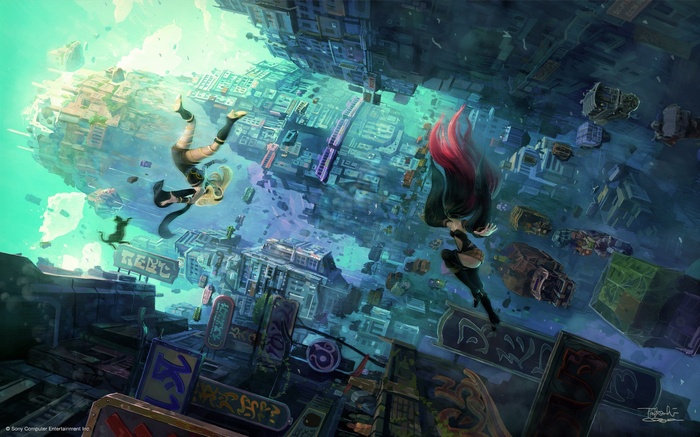 Gravity Rush characters falling in a futuristic city