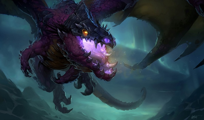 Dragon breathing purple energy in World of Warcraft