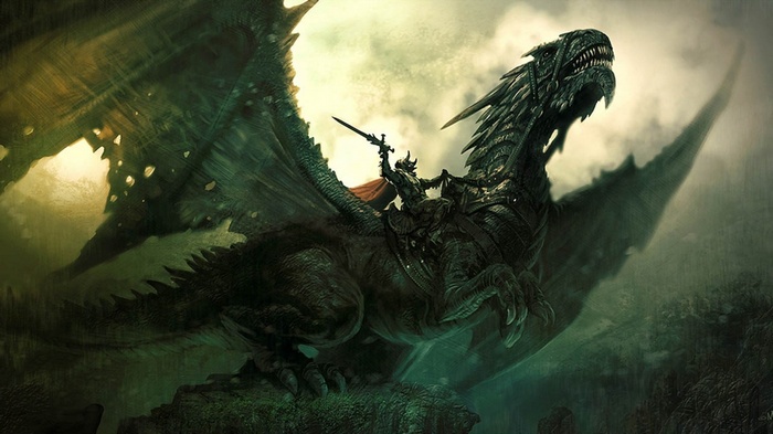 Fantasy art of a knight riding a dragon