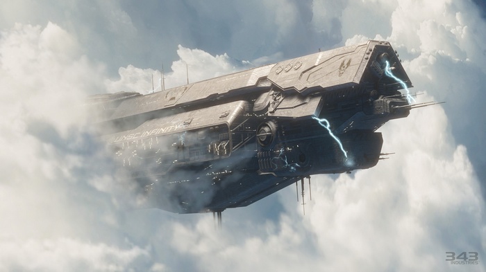 UNSC Infinity spaceship in clouds with lightning