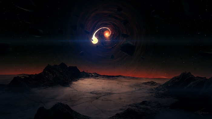 Abstract space art with a swirling vortex and celestial body