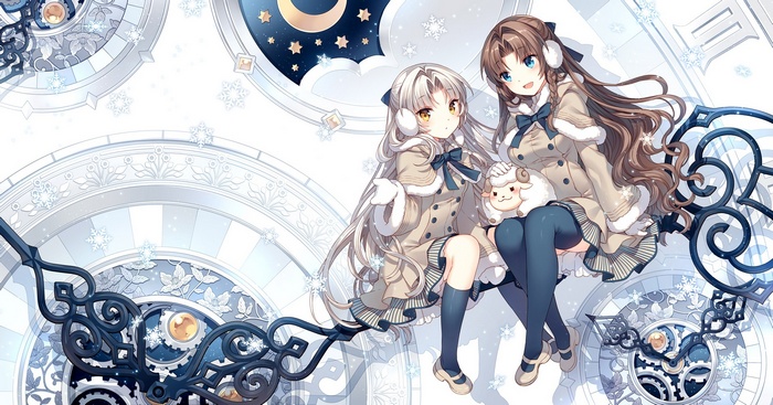 Two anime girls with silver and brown hair in winter coats