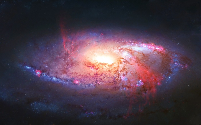 A spiral galaxy with a bright core and colorful nebulae