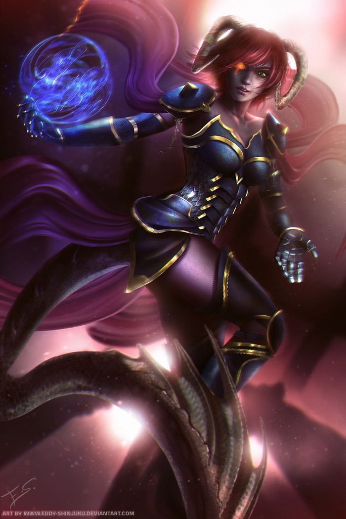 Fantasy art of a devil girl with horns casting magic