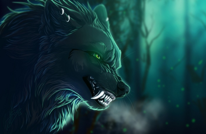 Fantasy wolf with glowing green eyes in a dark forest