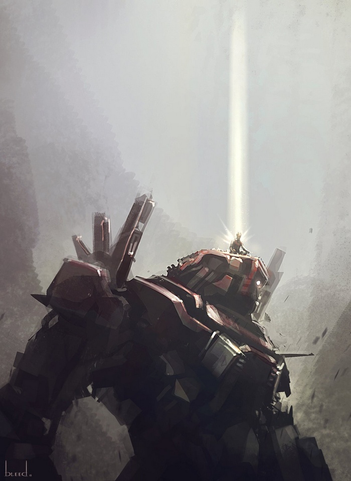 Artwork of a meditating figure atop a giant mech
