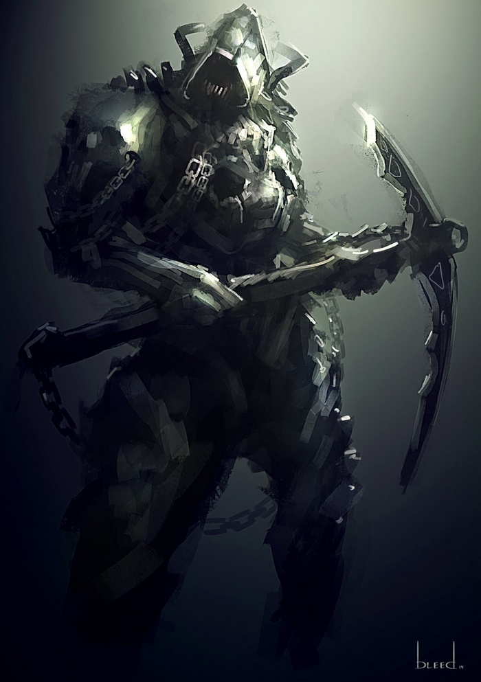 Dark fantasy warrior with chains and pickaxe