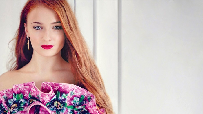 bare shoulders, women, long hair, red lipstick, makeup, Sophie Turner, simple background, actress, face, portrait, redhead, blue eyes