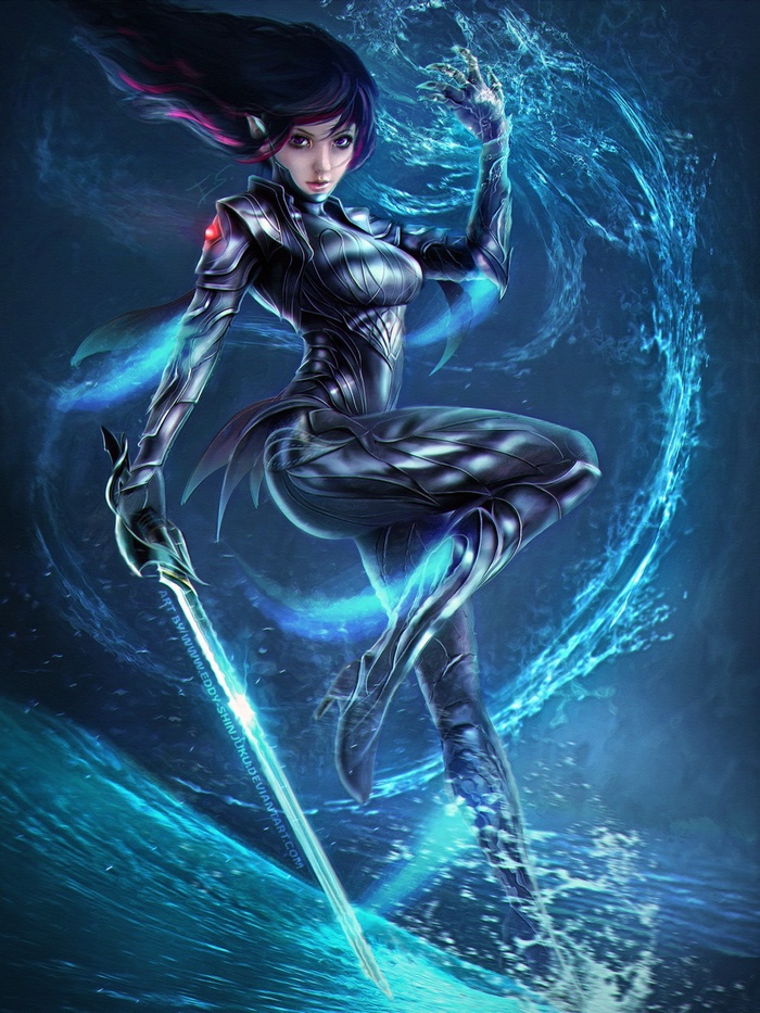 Fantasy girl with sword and water magic