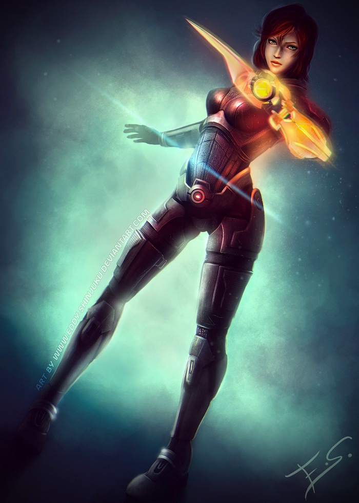 Commander Shepard from Mass Effect with energy weapon