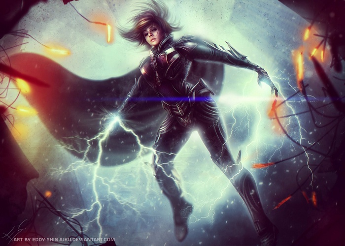 Woman in armor with lightning powers