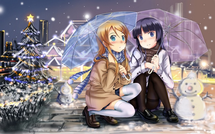 Gokou Ruri and Kousaka Kirino under umbrellas