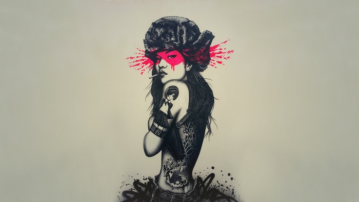 Woman with pink face paint and fur hat smoking
