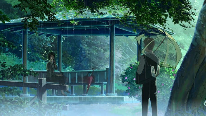 Akizuki Takao, rain, anime, Makoto Shinkai , gazebo, The Garden of Words, Yukino Yukari, umbrella