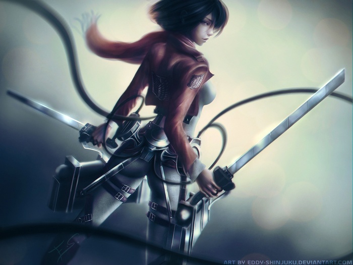 Mikasa Ackerman with swords and ODM gear