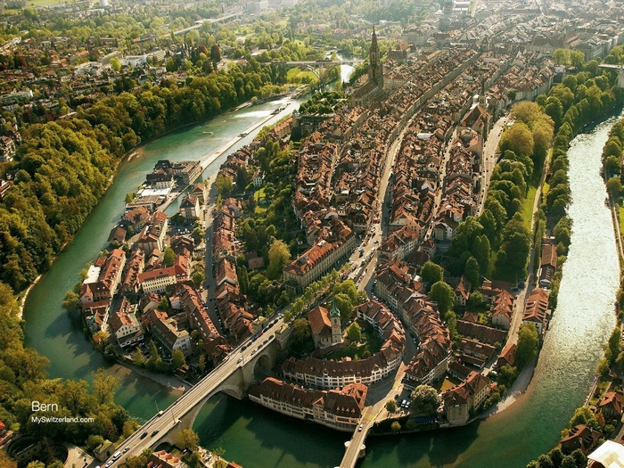 Aerial view of Bern, Switzerland cityscape along the river