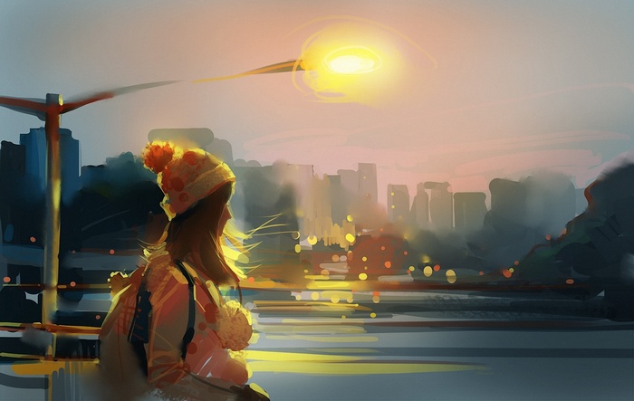 Artwork of a girl looking at city lights at sunset