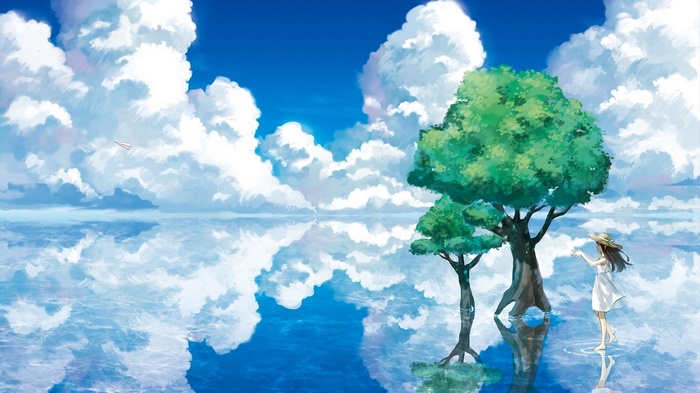 Anime landscape with clouds, trees, and a girl by the water