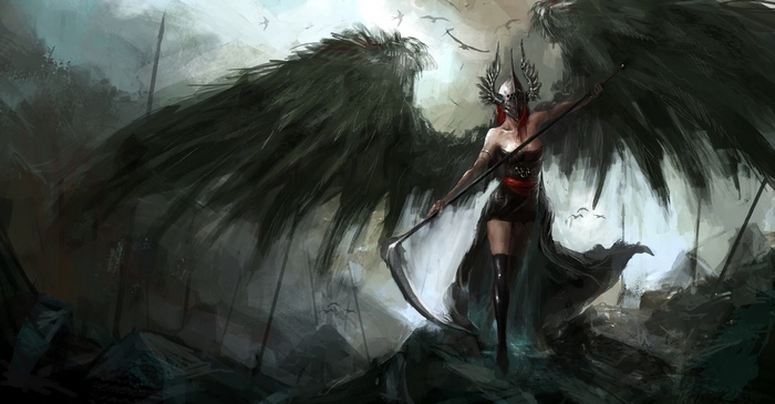 wings, fantasy art, scythe