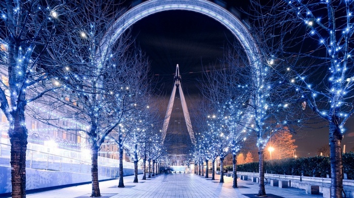 London Eye and trees decorated with Christmas lights at night