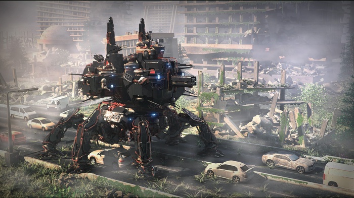 Giant mech in a ruined city with abandoned cars