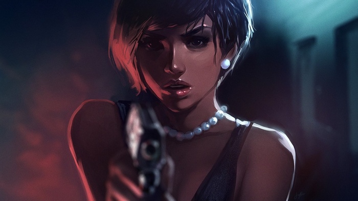 Woman holding a gun, digital art