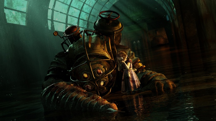 BioShock Big Daddy and Little Sister in flooded area