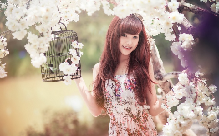 Young Asian woman holding a birdcage among cherry blossoms