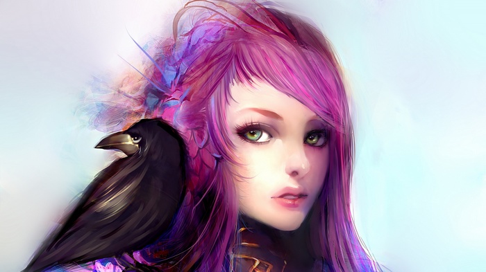 Anime girl with pink hair and a crow
